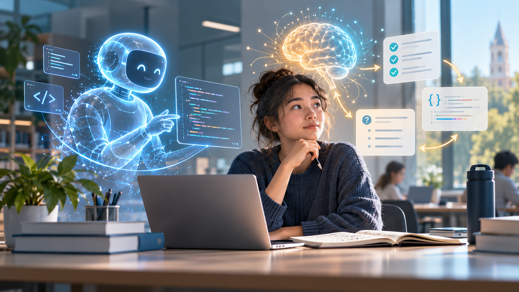 A student at a library desk thinks over a laptop, with a translucent AI assistant showing code on one side and a glowing brain linked to quiz and code cards on the other.